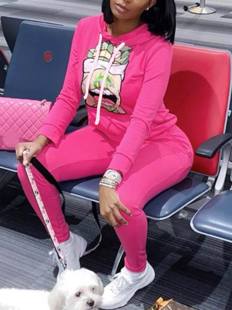 

Lovely Casual Hooded Collar Cartoon Print Pink Two Piece Pants Set