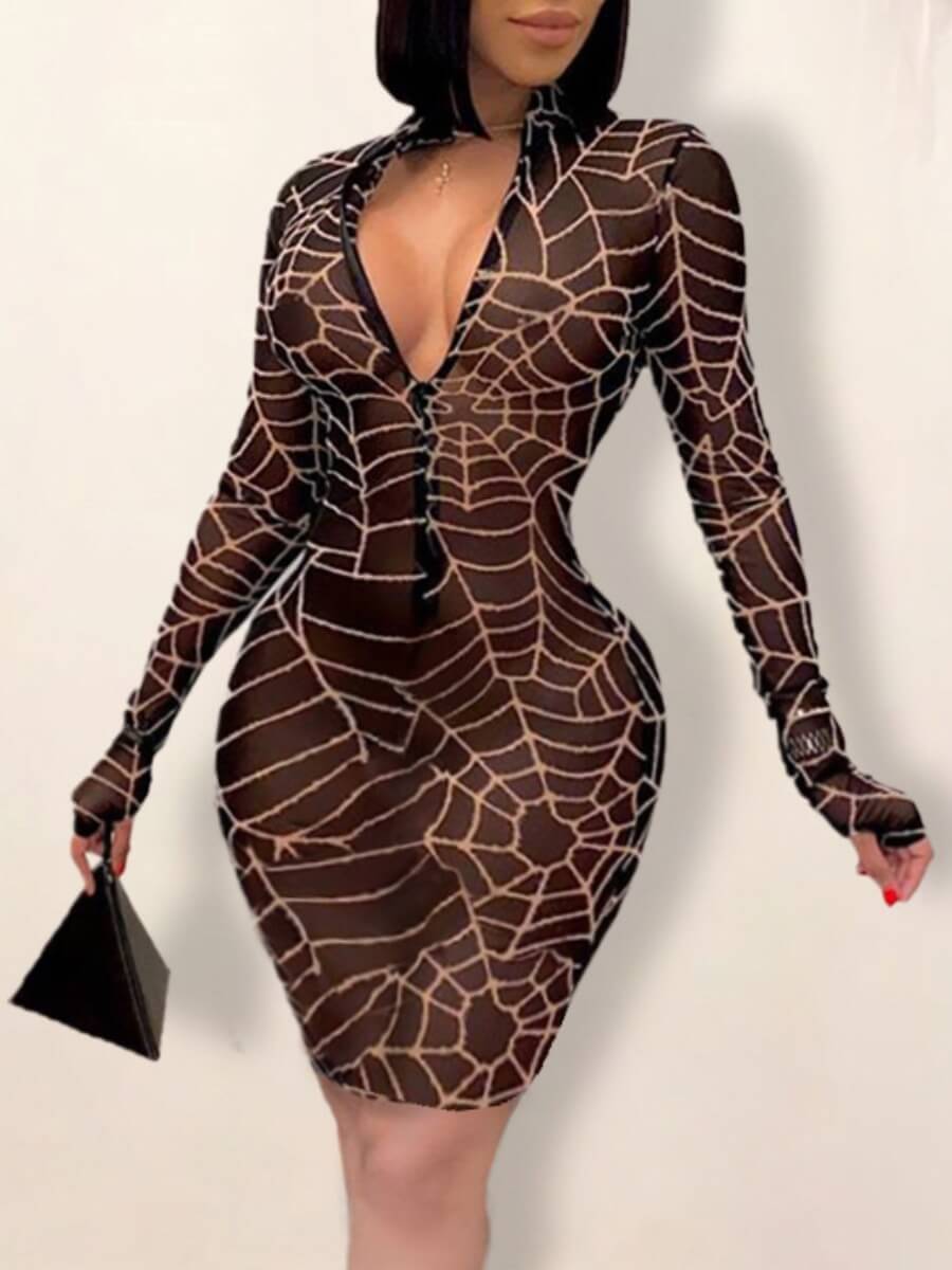 

Lovely Stylish Print Zipper Design Black Knee Length Dress