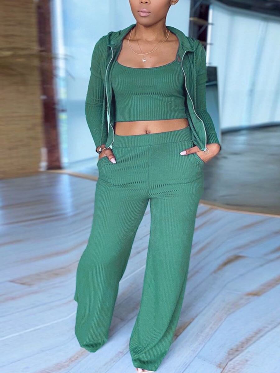 

Lovely Casual Hooded Collar Long Sleeve Green Three Piece Pants Set