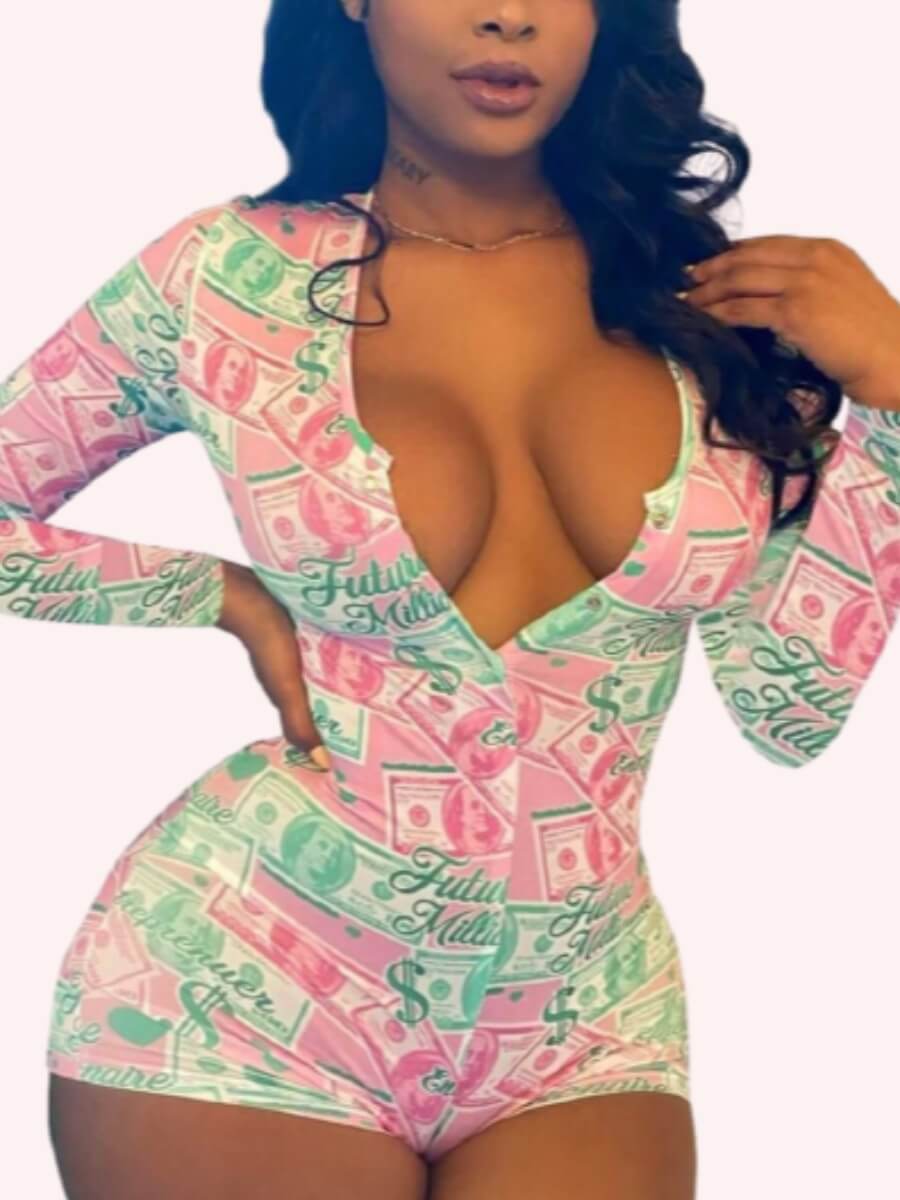 

Lovely Deep V Neck Print Pink Sleepwear