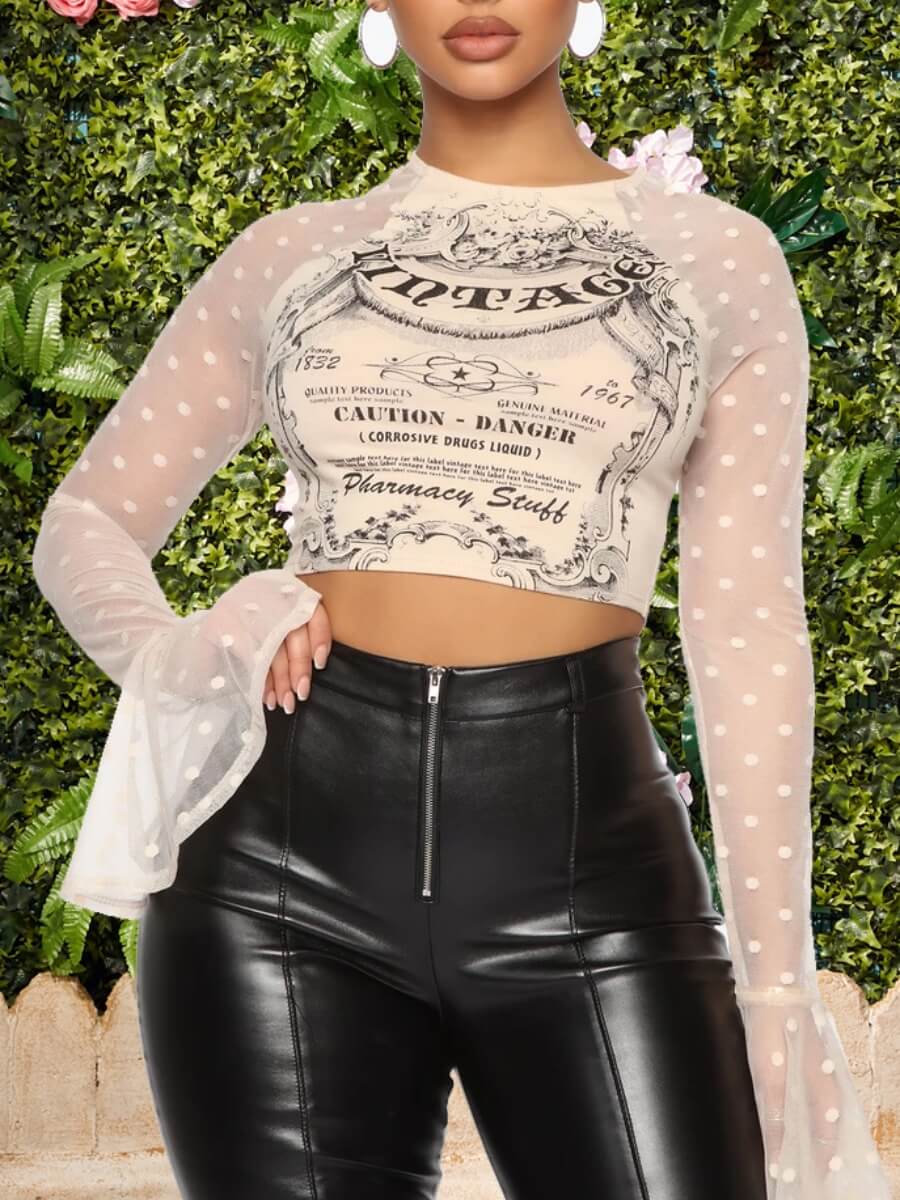 

Lovely Street Letter Print See-through Flare Sleeve Apricot T-shirt