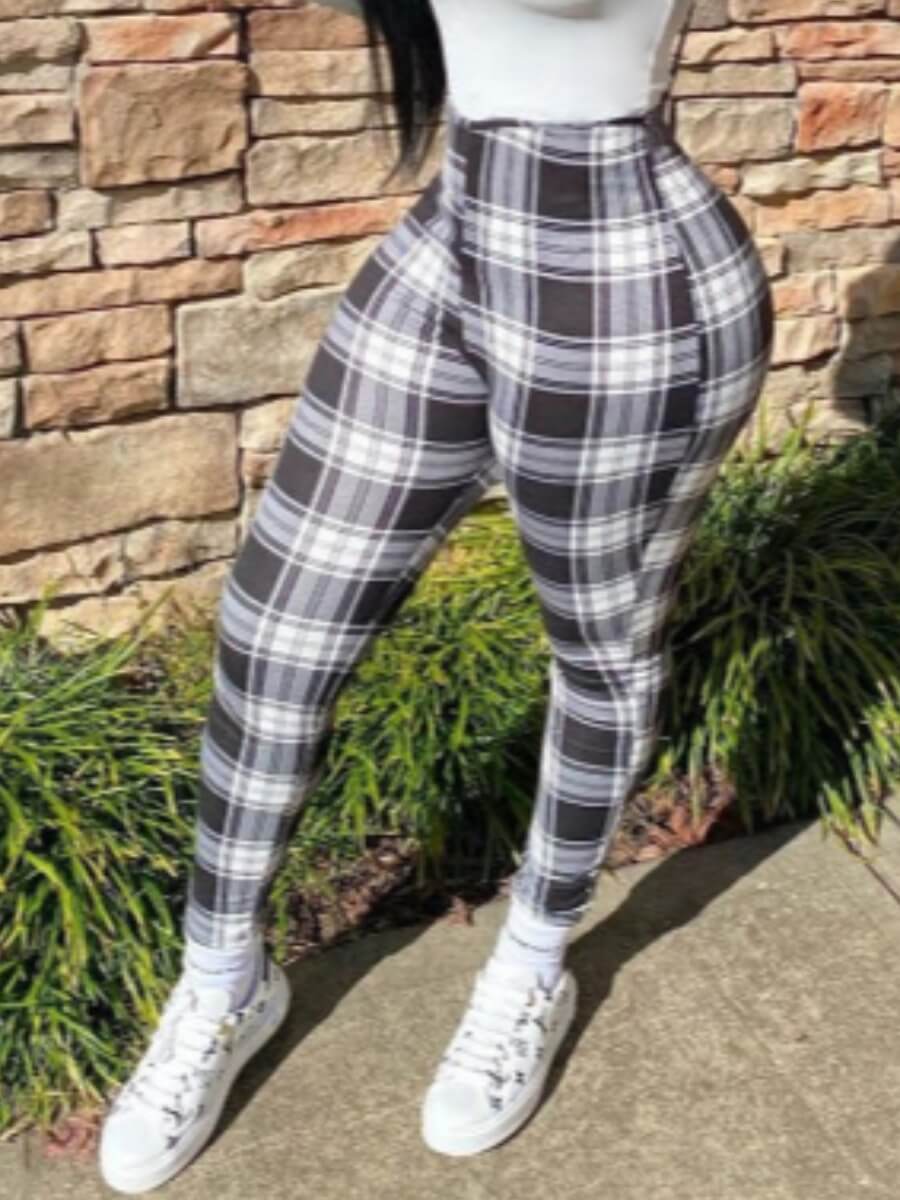

Lovely Stylish High-waisted Grid Print Black Pants