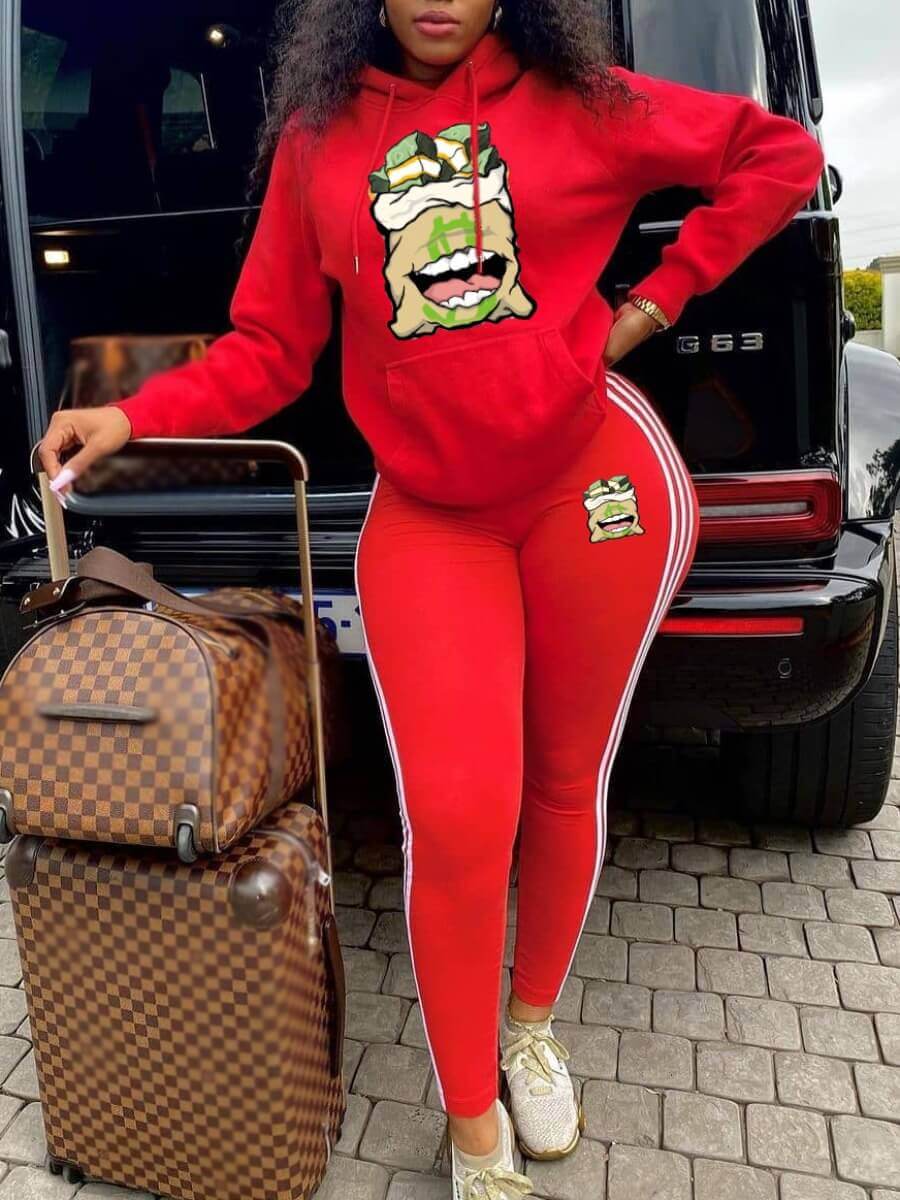 

Lovely Sportswear Hooded Collar Print Red Plus Size Two-piece Pants Set