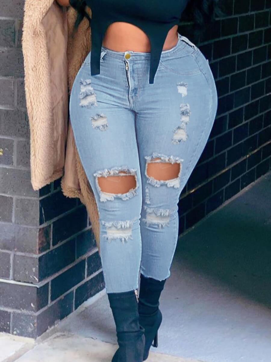 Lovely Street Hollow-out Baby Blue Jeans