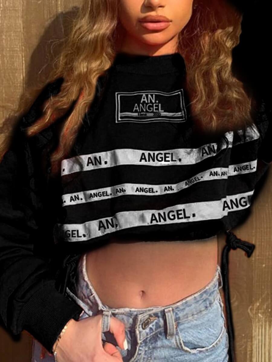 

Lovely Casual O Neck Letter Print Crop Top Black Hoodie