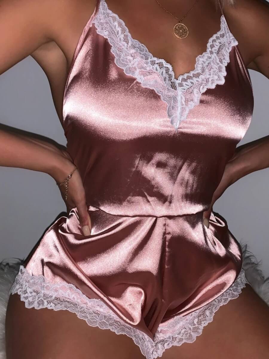 

Lovely V Neck Lace Patchwork Pink Sleepwear