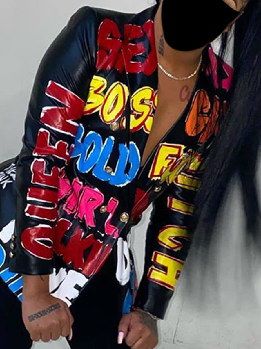 

Lovely Street Turndown Collar Letter Print Black Blazer