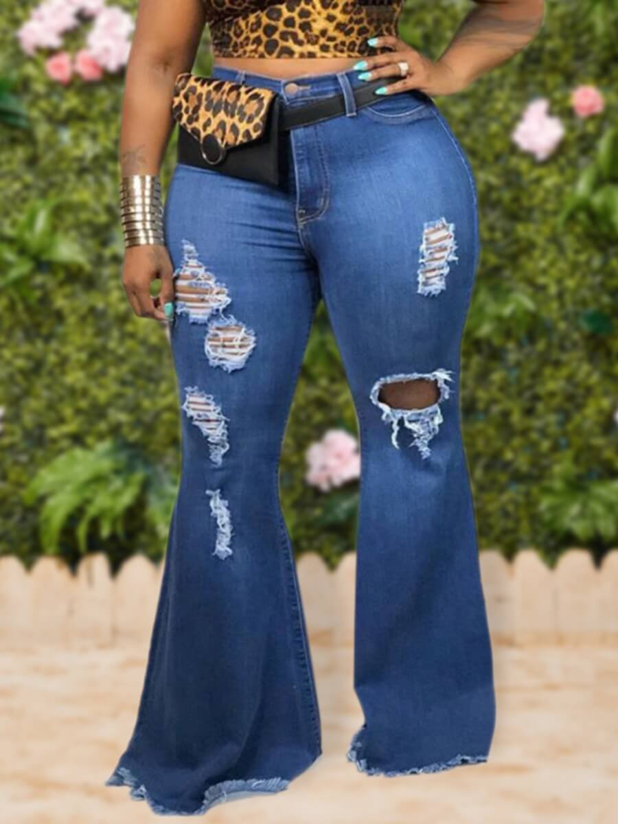 

LW BASICS Plus Size Street Broken Holes Deep Blue Jeans