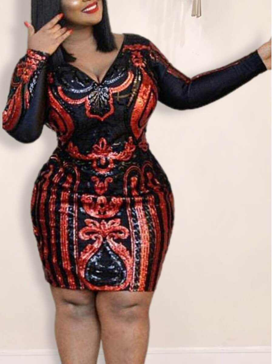 

Lovely Stylish V Neck Sequined Red Knee Length Plus Size Dress