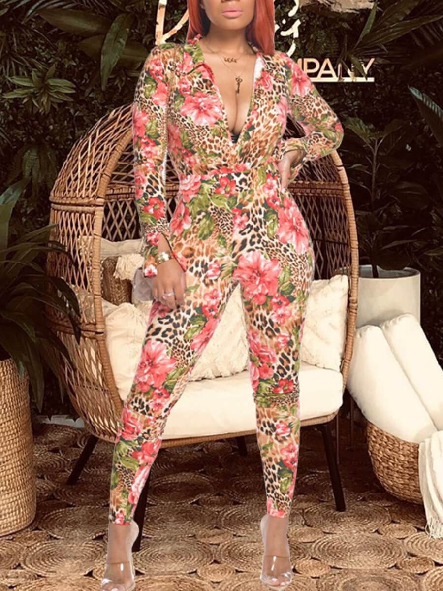 

Lovely Casual V Neck Flower Print Multicolor One-piece Jumpsuit, Multi