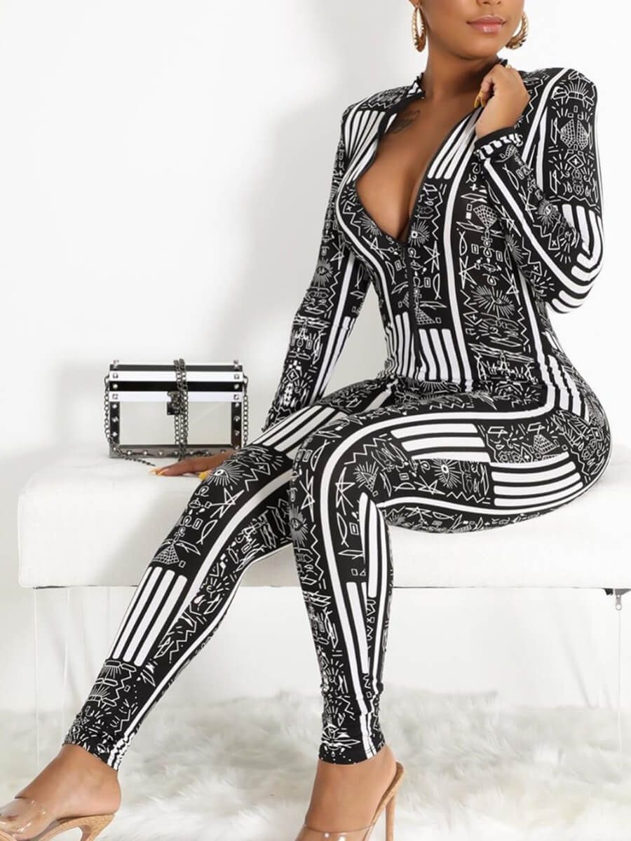 

Lovely Stylish V Neck Striped Patchwork Black One-piece Jumpsuit