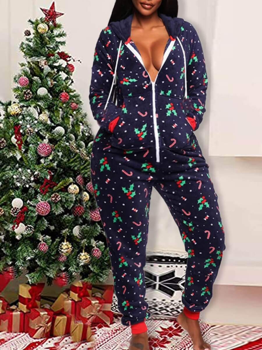 

Lovely Casual Hooded Collar Christmas Day Print Blue One-piece Jumpsuit