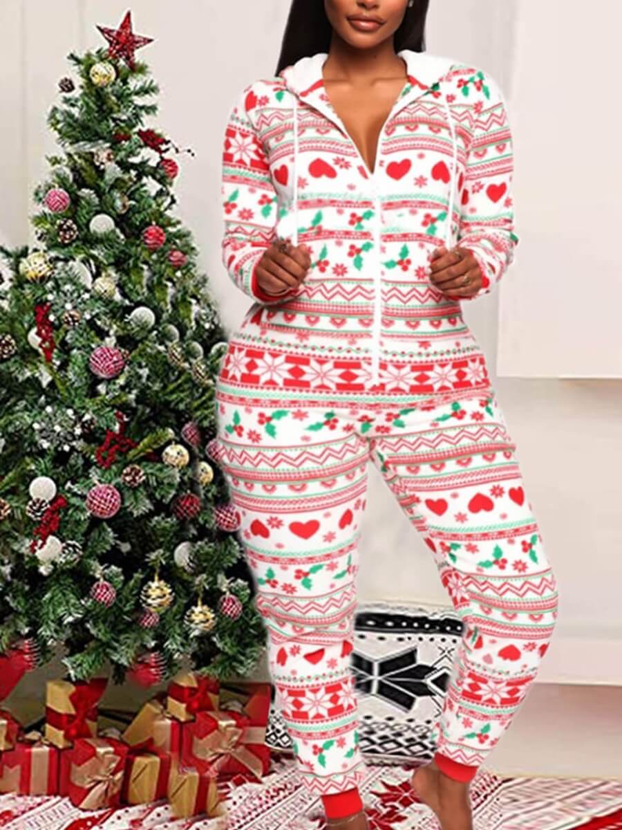 

Lovely Casual Hooded Collar Christmas Day Print White One-piece Jumpsuit