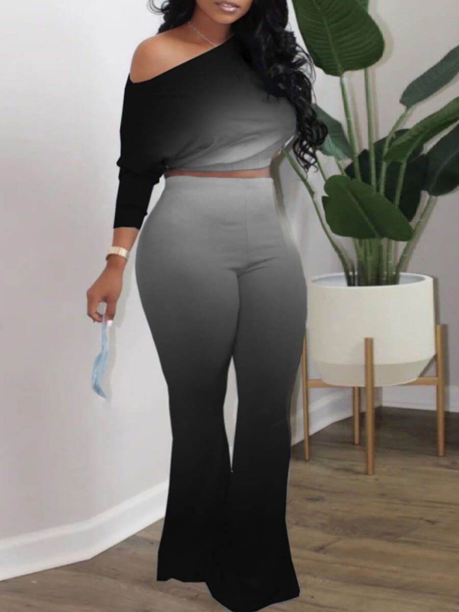 

LW BASICS Casual One Shoulder Gradient Black Two Piece Pants Set