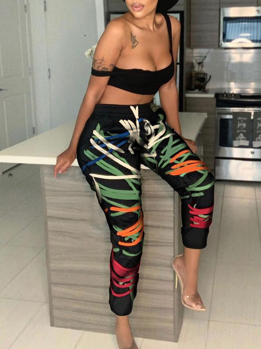 

Lovely Sportswear Print Skinny Black Pants(Batch Print)