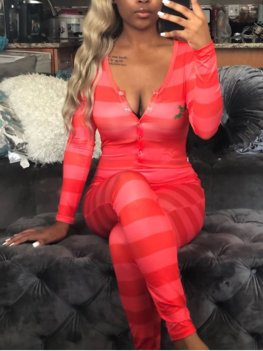 

Lovely Home Style Sexy Striped Red Sleepwear(One-piece