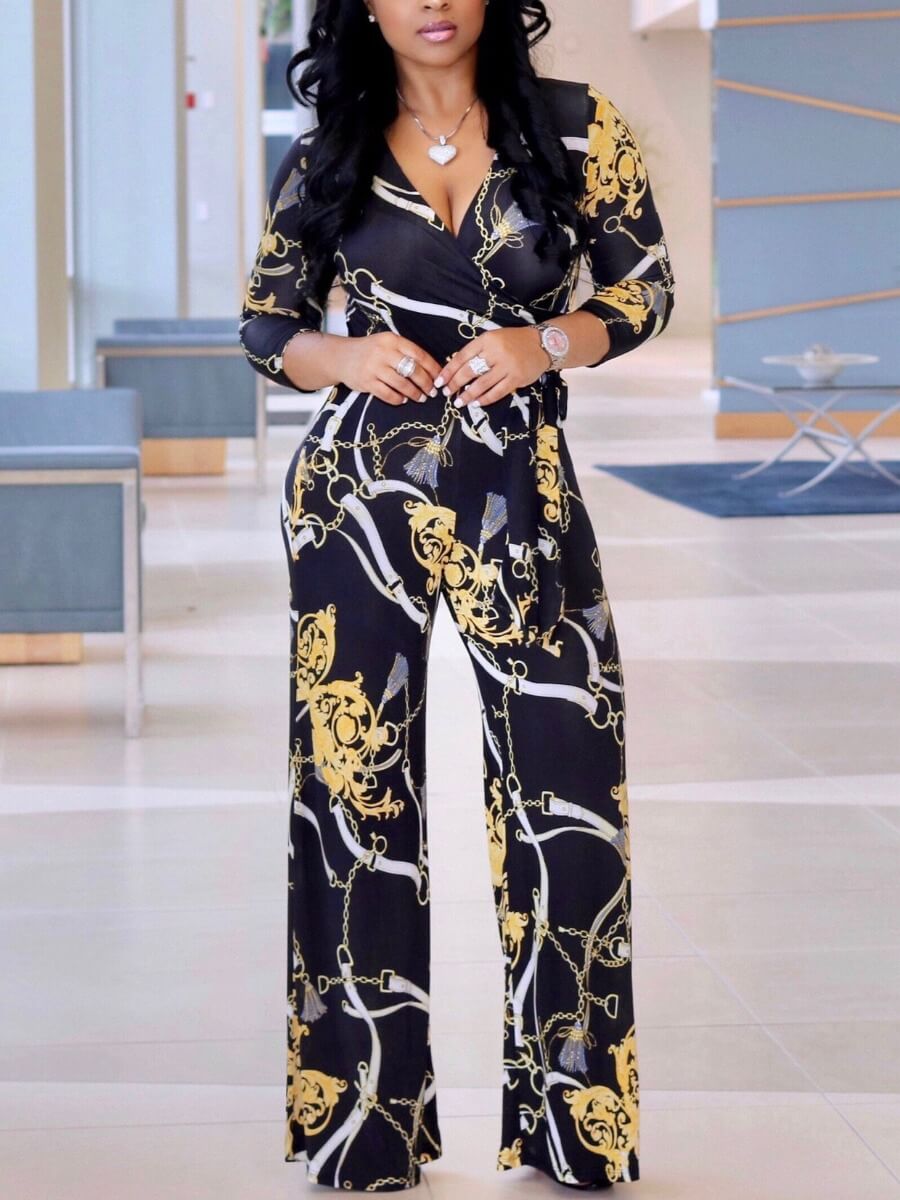 

Lovely Casual V Neck Floral Design Black One-piece Jumpsuit
