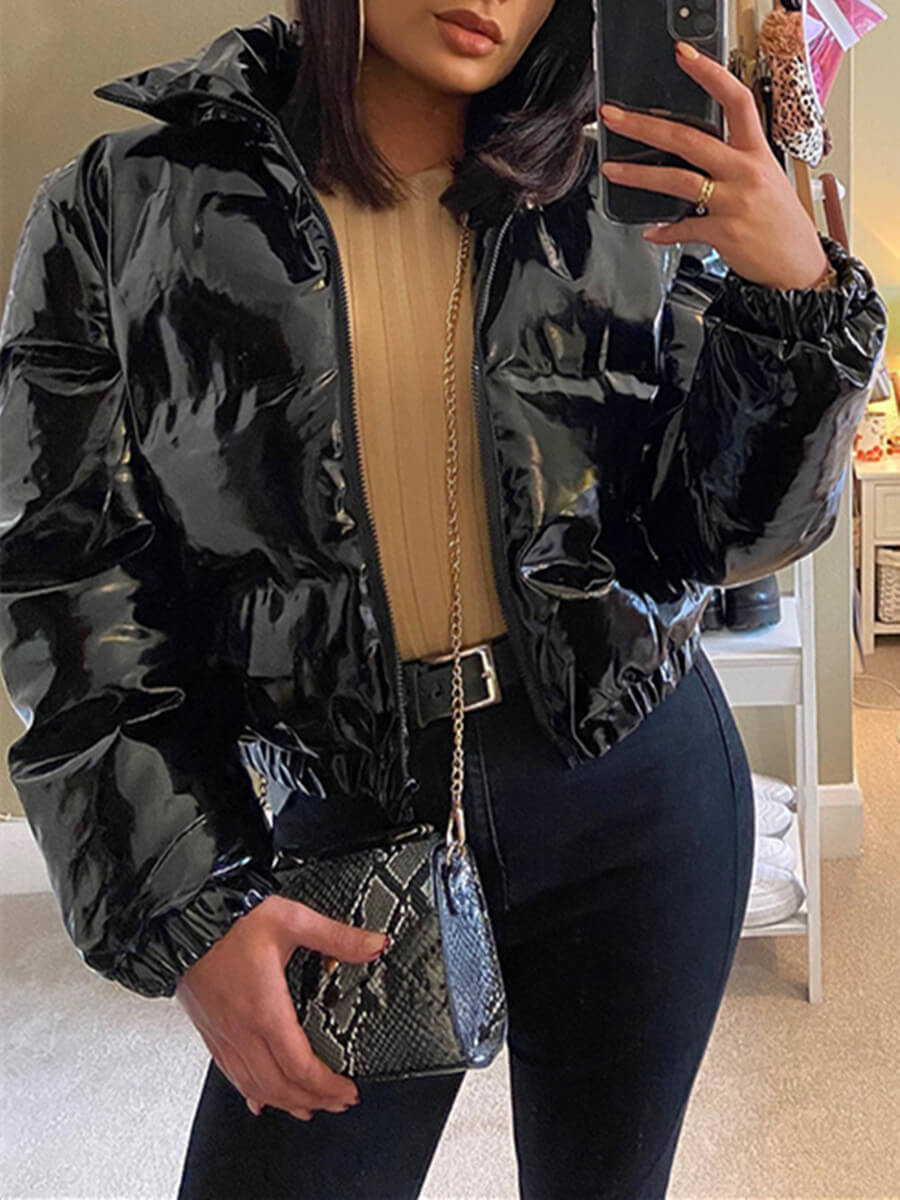 

LW BASICS Turndown Collar Zipper Design Leather Parka, Black
