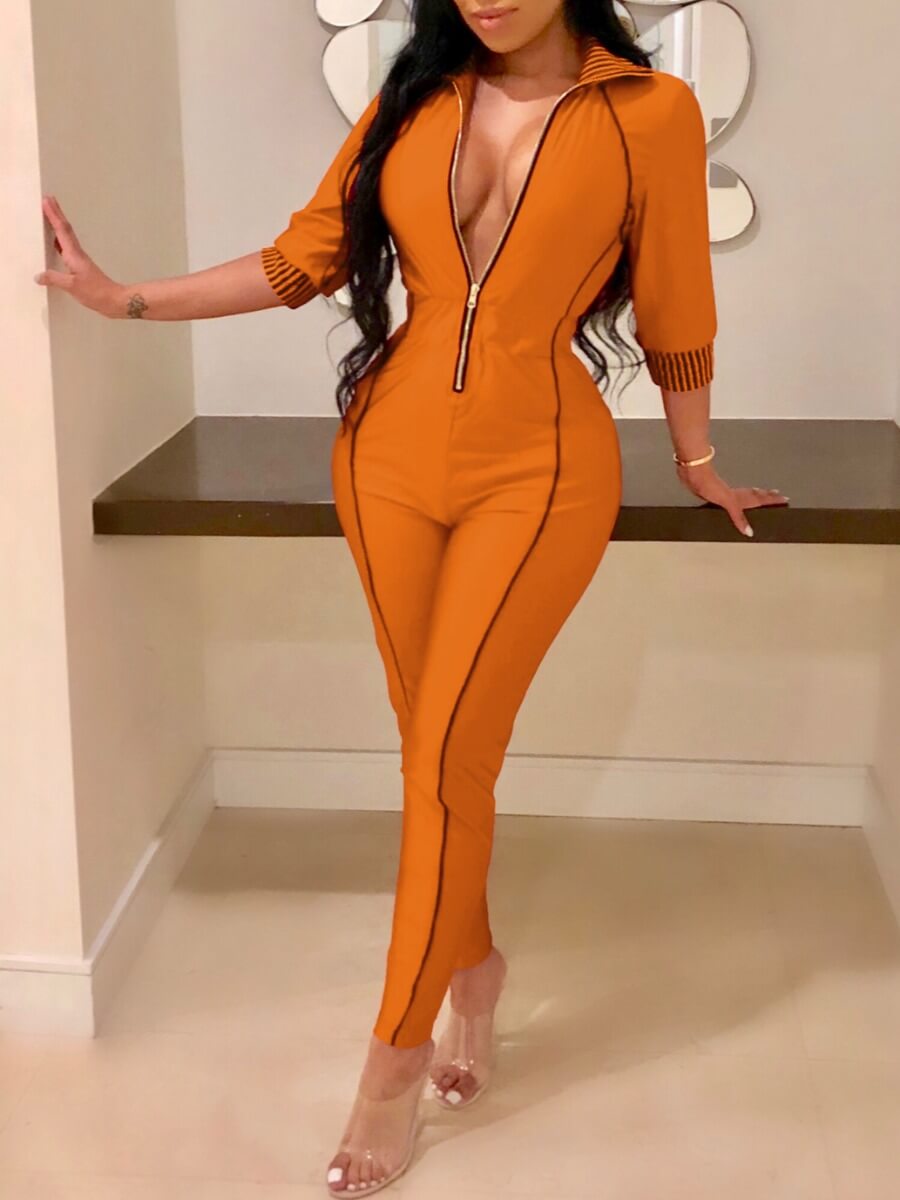 

Lovely Sportswear Patchwork Zipper Design Orange One-piece Jumpsuit