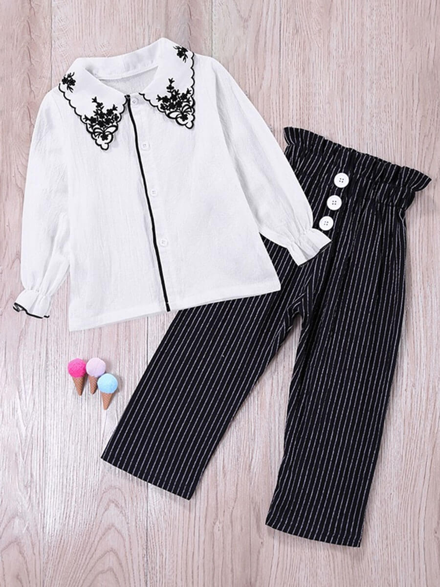

Lovely Stylish Shirt Collar Embroidered White Girl Two-piece Pants Set