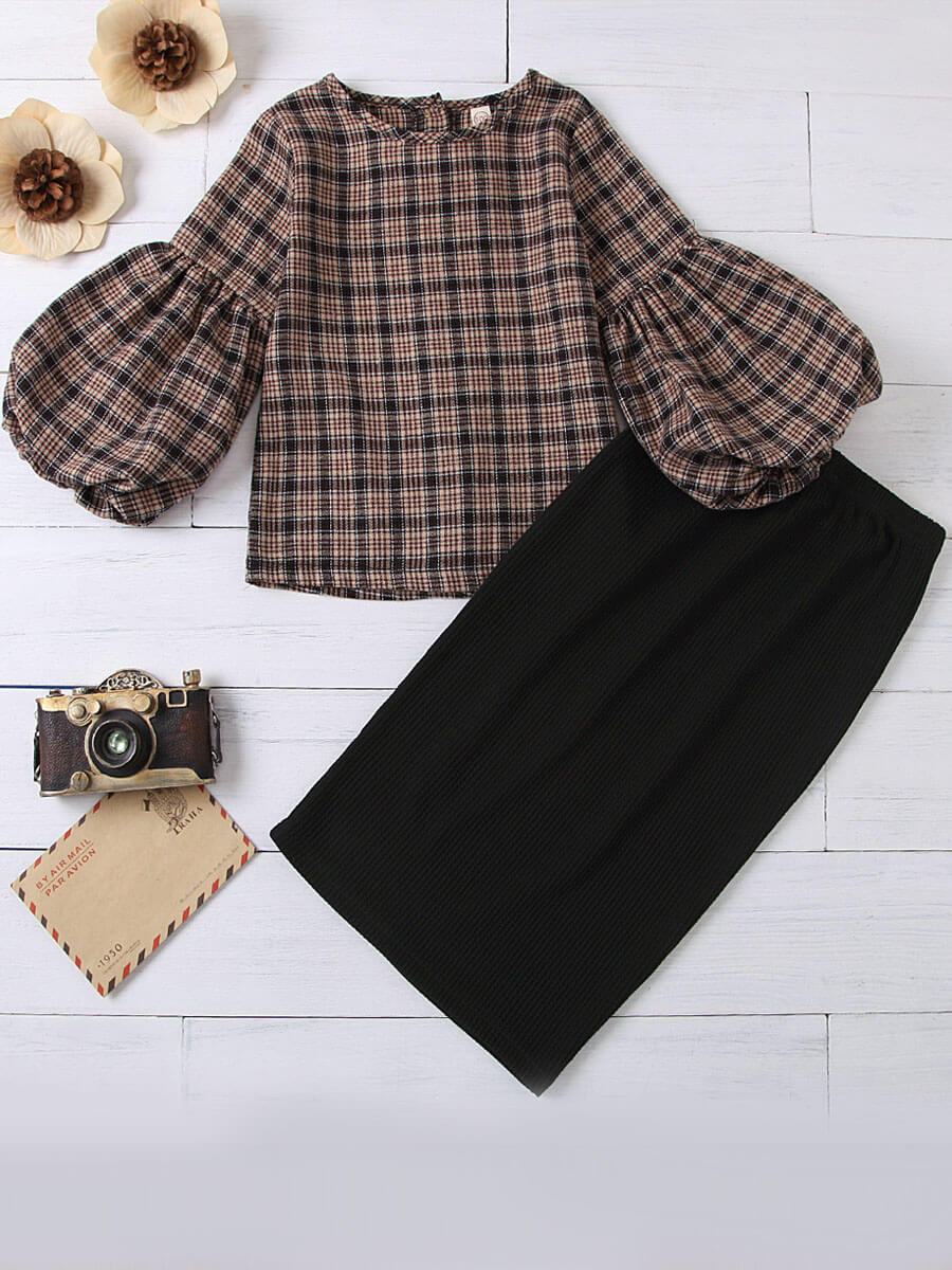 

Lovely Girl Stylish O Neck Grid Print Brown Two-piece Skirt Set