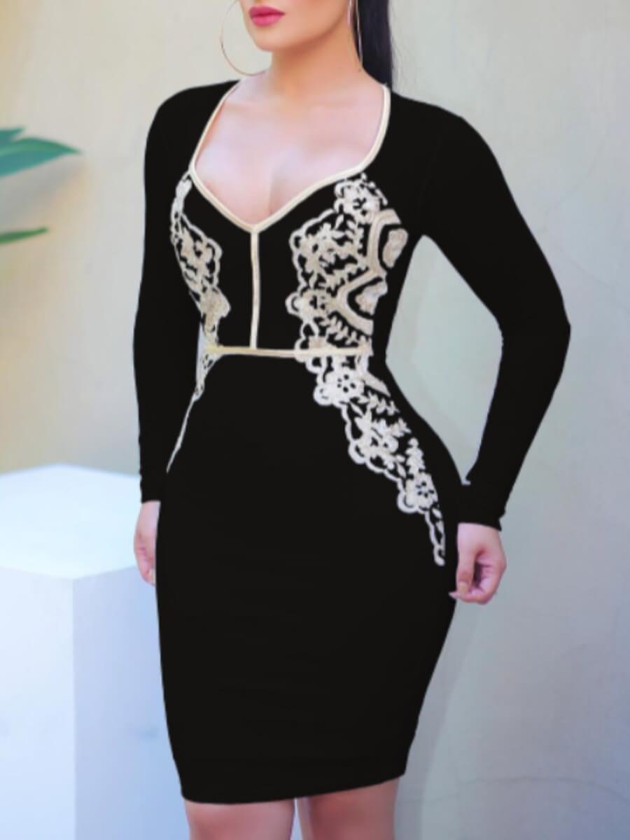 

Lovely Trendy V Neck Lace Patchwork Black Knee Length Dress