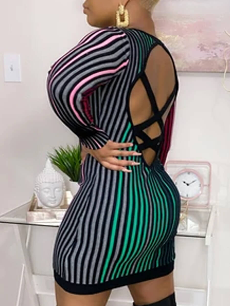 

Lovely Trendy O Neck Striped Backless Multicolor Mini Dress, Multicolor mstn