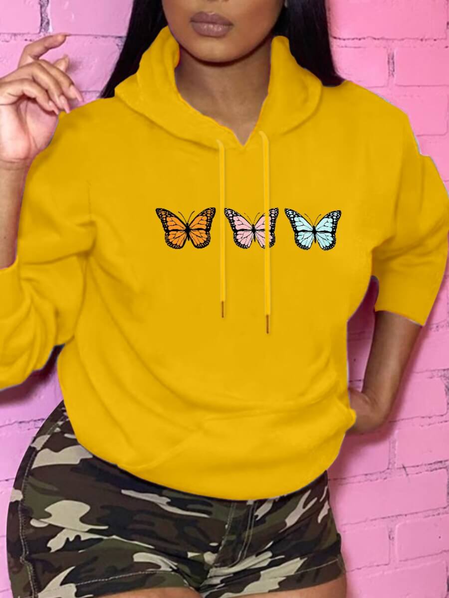

Lovely Casual Hooded Collar Butterfly Print Yellow Hoodie