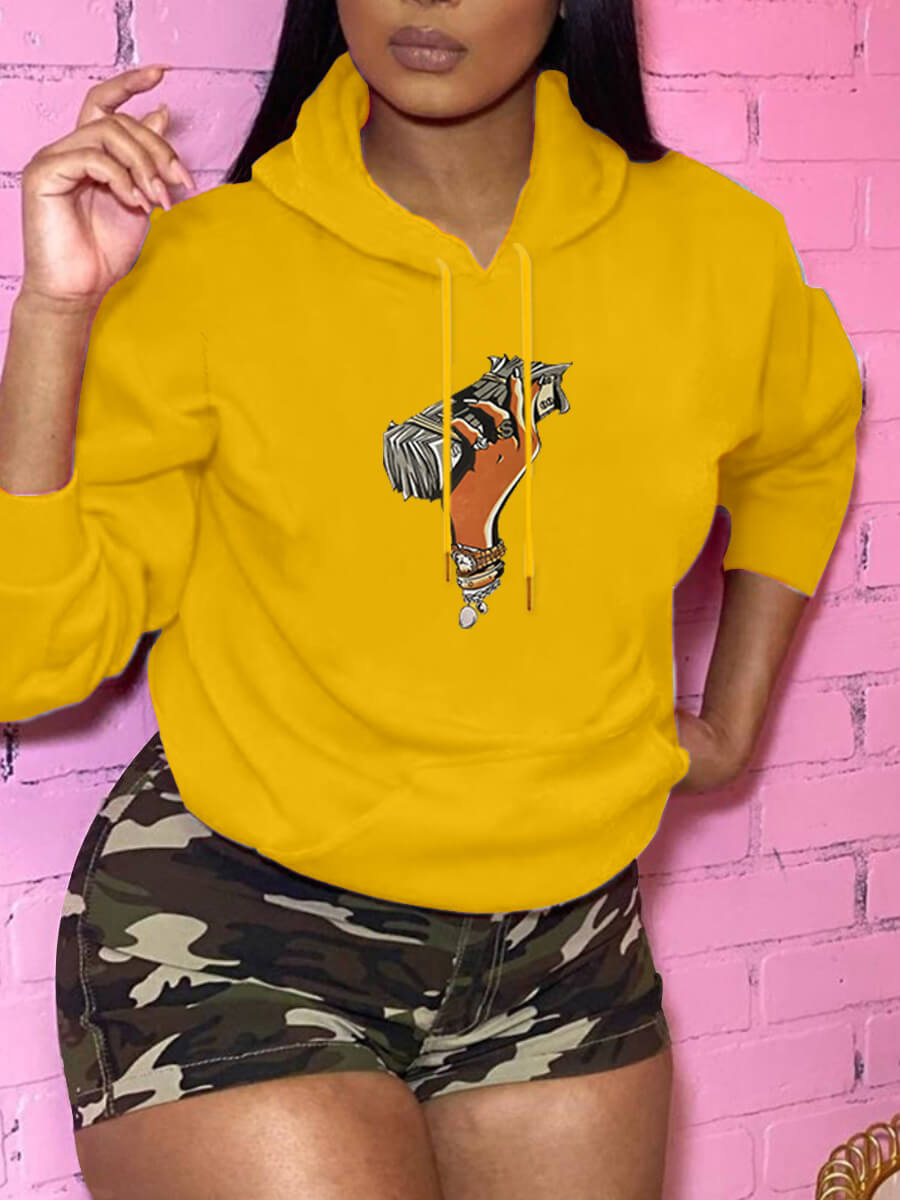 

Lovely Casual Hooded Collar Print Yellow Hoodie