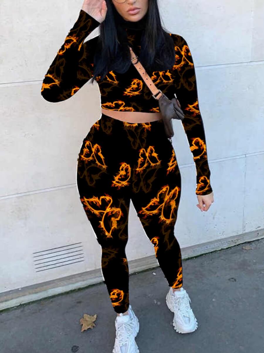 

Lovely Street Butterfly Print Black Two Piece Pants Set