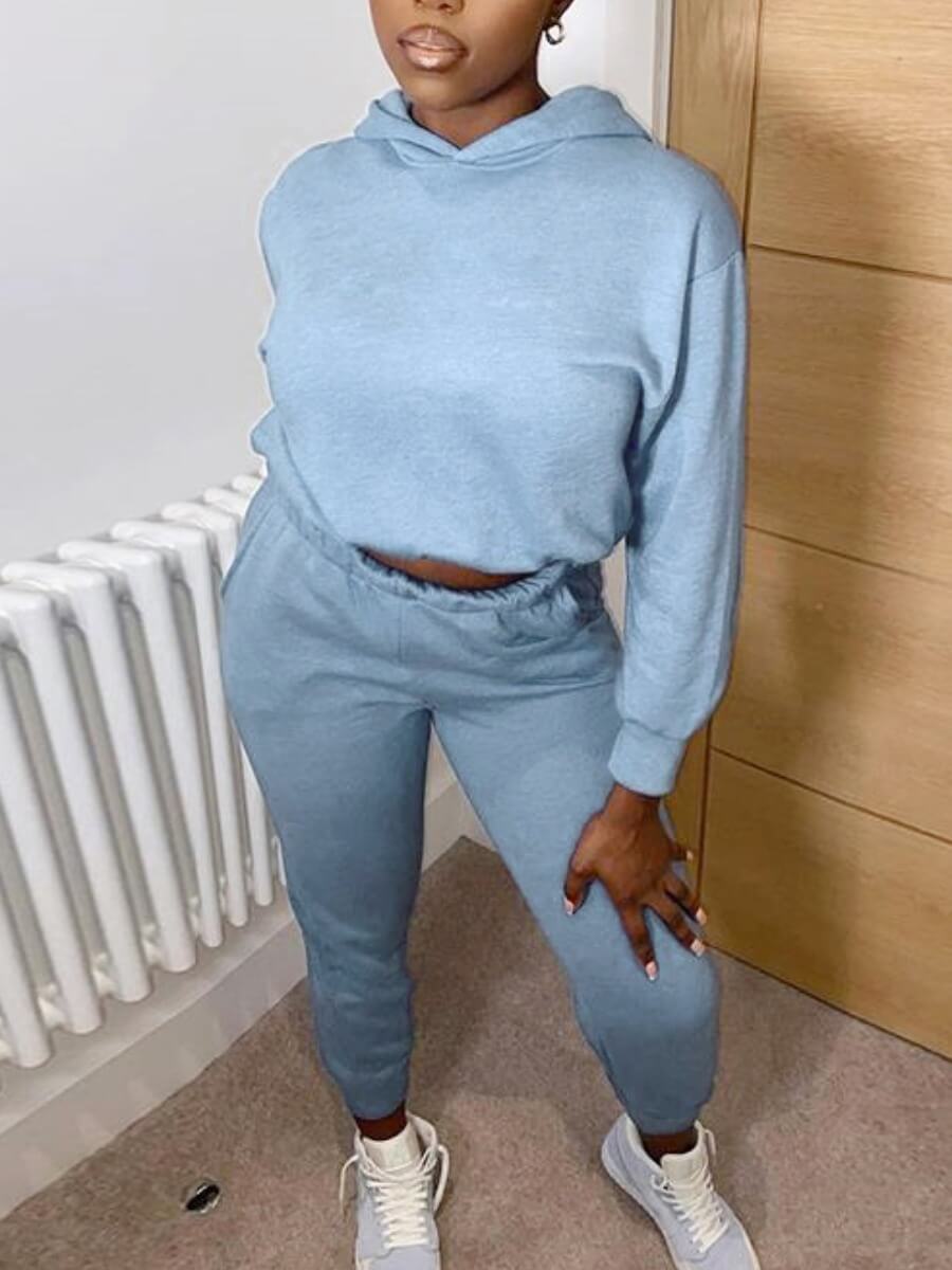 

Lovely Casual Hooded Collar Dropped Shoulder Sleeve Blue Two Piece Pants Set