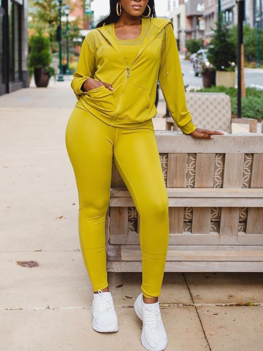 

Lovely Sportswear Hooded Collar Zipper Design Yellow Two Piece Pants Set