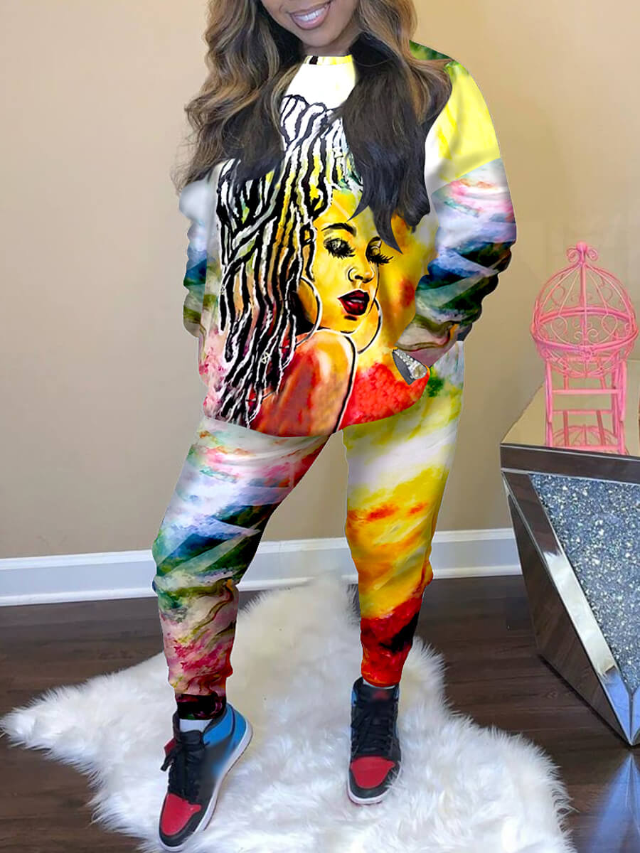 

Lovely Stylish Hooded Collar Print Multicolor Two Piece Pants Set, Multi