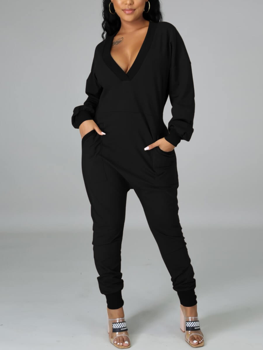 

LW BASICS Casual V Neck Black One-piece Jumpsuit