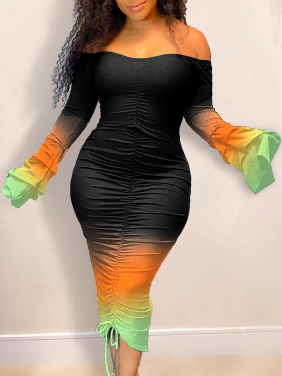 

Lovely Casual Bateau Neck Tie Dye Patchwork Black Mid Calf Sheath Dress