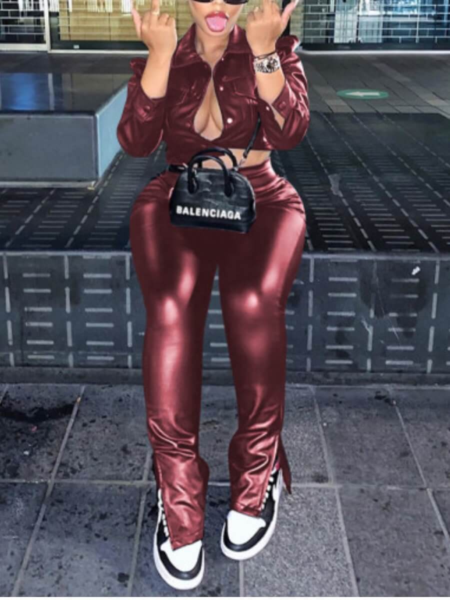 

Lovely Street Turndown Collar Button Design Dull Red Plus Size Two-piece Pants Set