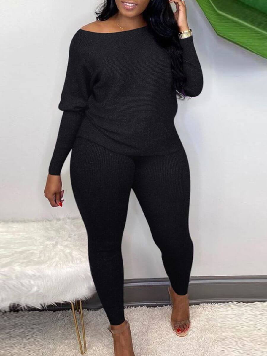 

Lovely Casual One Shoulder Long Sleeve Black Plus Size Two-piece Pants Set