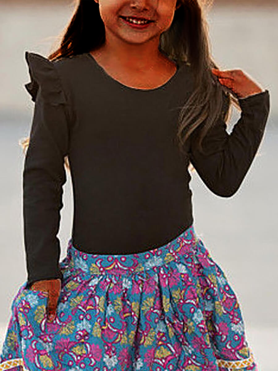 

Lovely Trendy O Neck Flounce Design Black Girl T-shirt