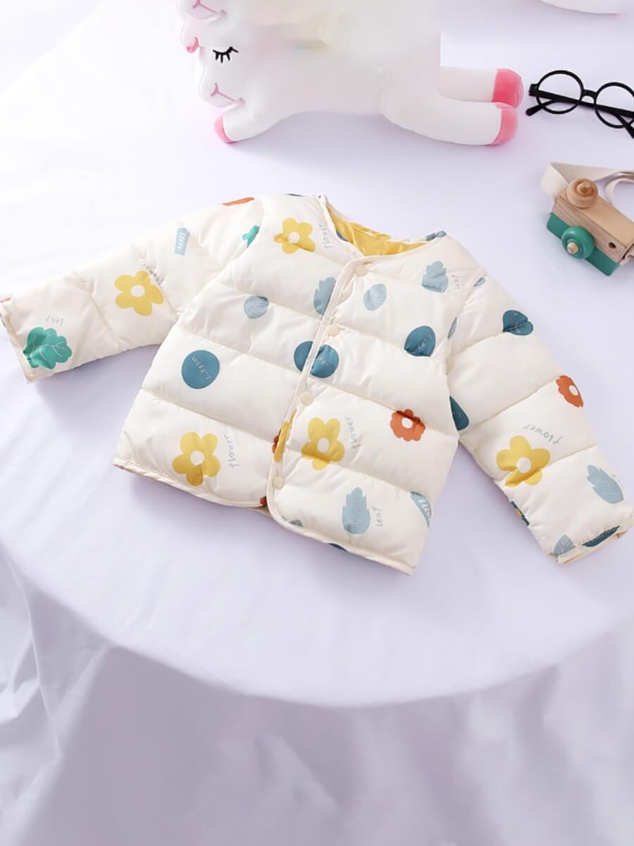 

Lovely Trendy O Neck Floral Print Beige Girl Parka