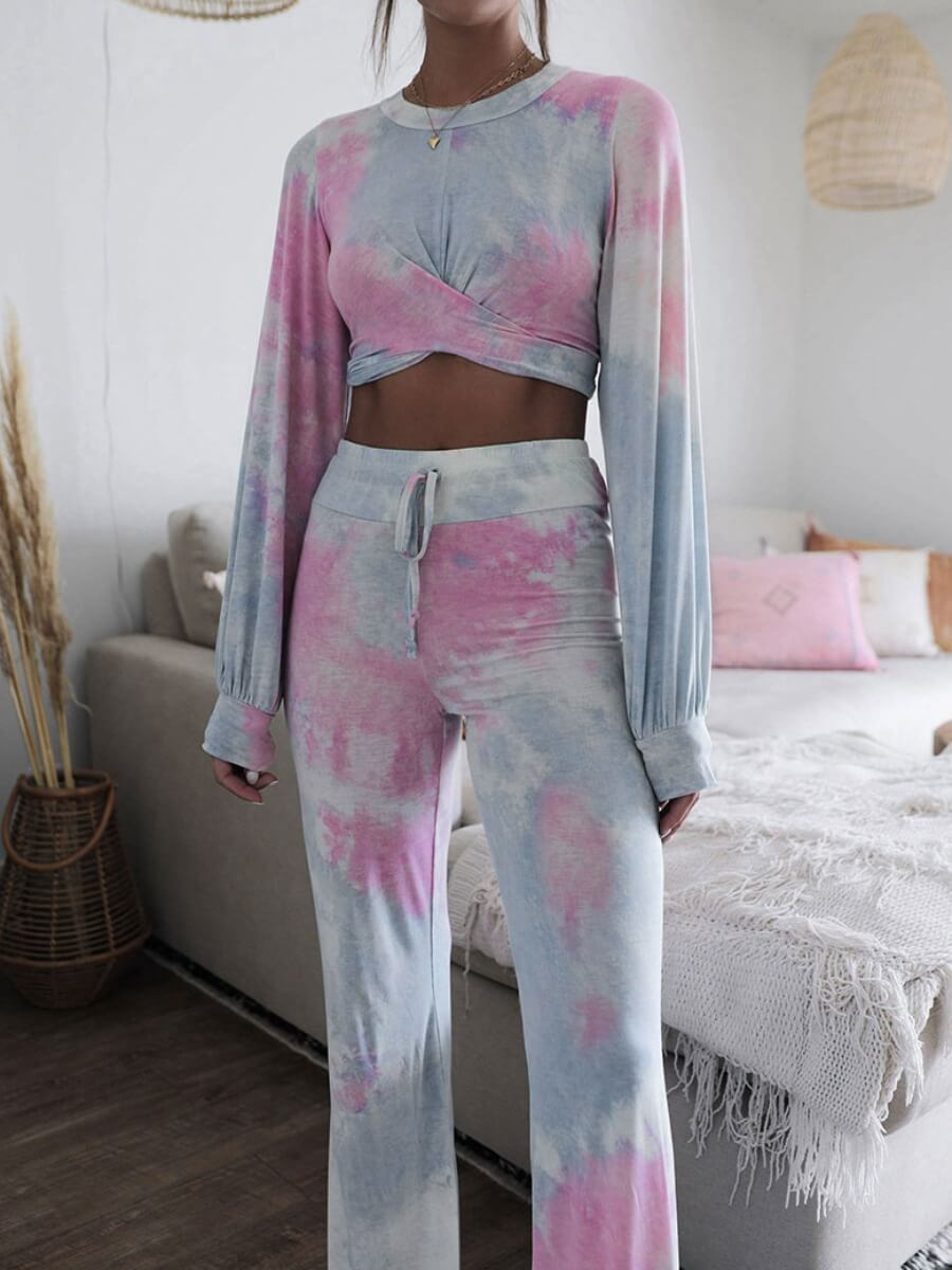 

Lovely Chic Tie Dye Blue Two Piece Pants Set