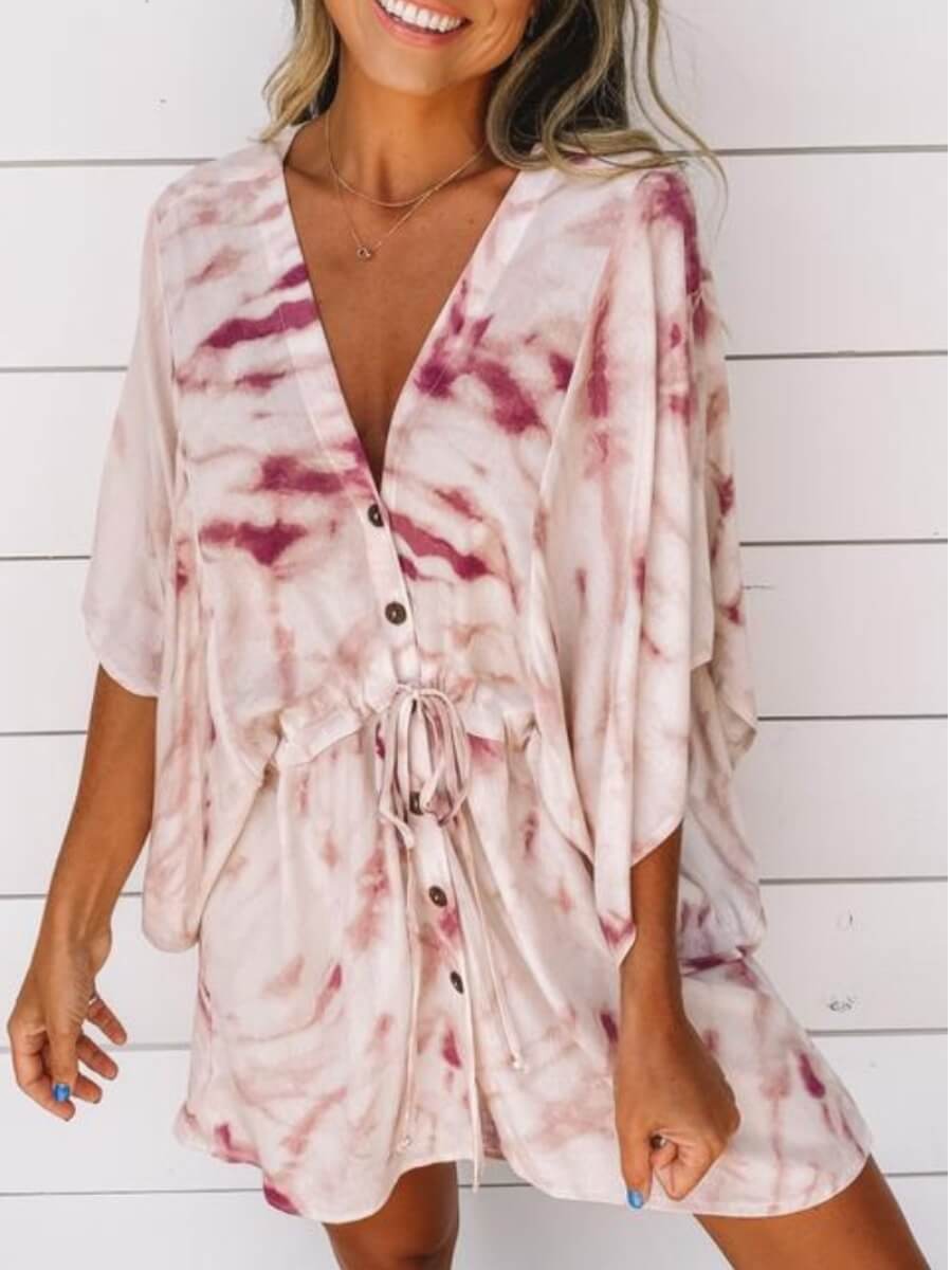

Lovely Stylish V Neck Tie-dye Purple Mini Dress