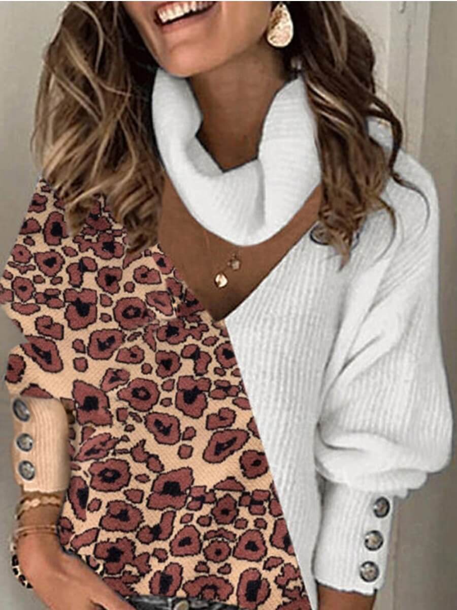 

Lovely Stylish Turtleneck Leopard Print Patchwork Brown Sweater