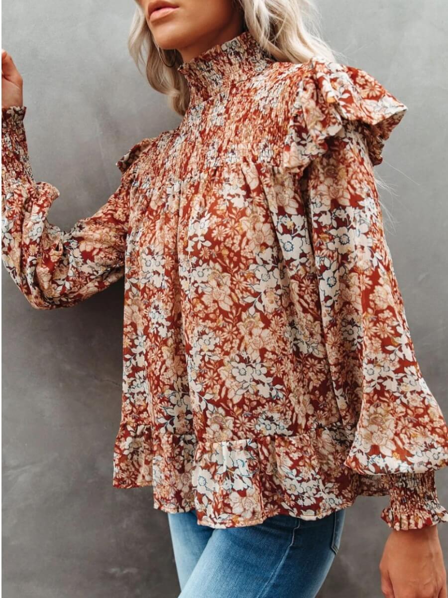 

Lovely Stylish Turtleneck Floral Print Orange Blouse