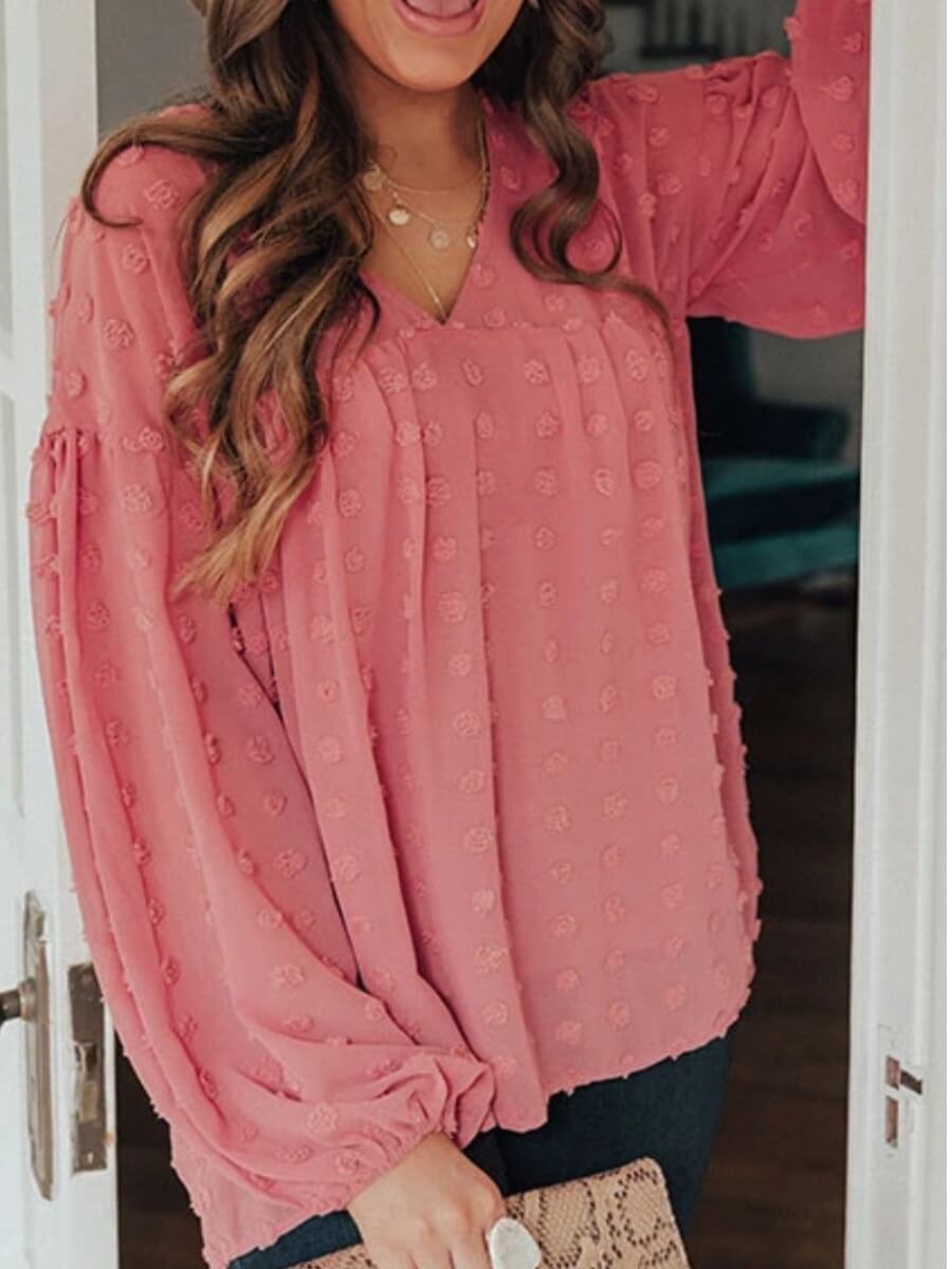 

Lovely Stylish V Neck Fold Design Loose Pink Blouse