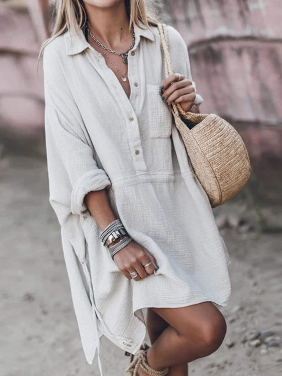 

Lovely Casual Turndown Collar Drawstring White Mini Dress