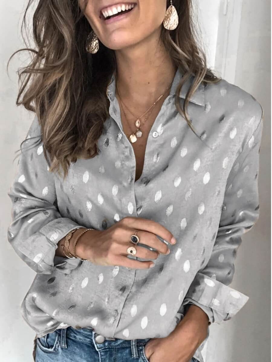 

Lovely Turndown Collar Dot Silver Shirt