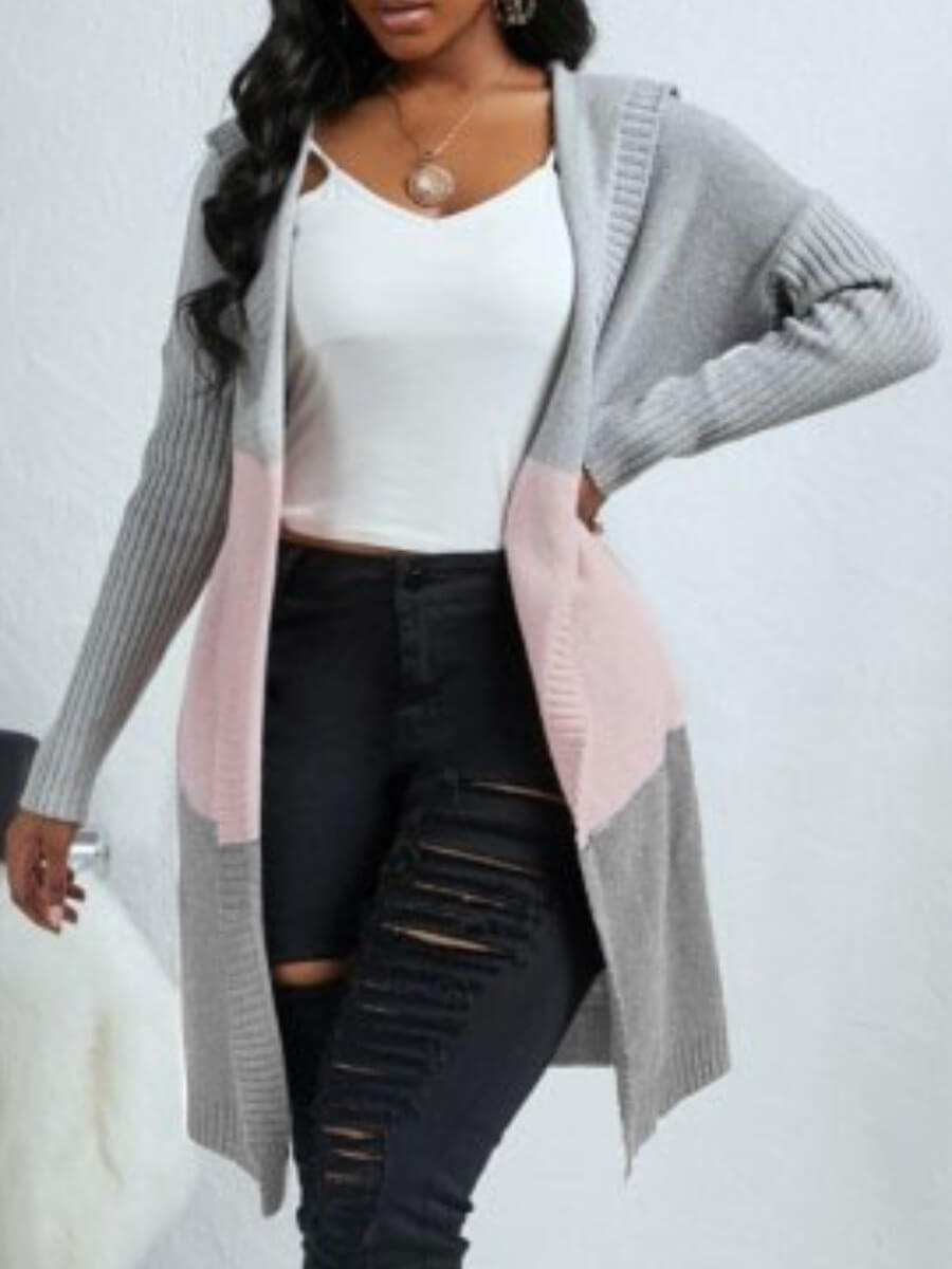 

Lovely Trendy Hooded Collar Patchwork Pink Cardigan