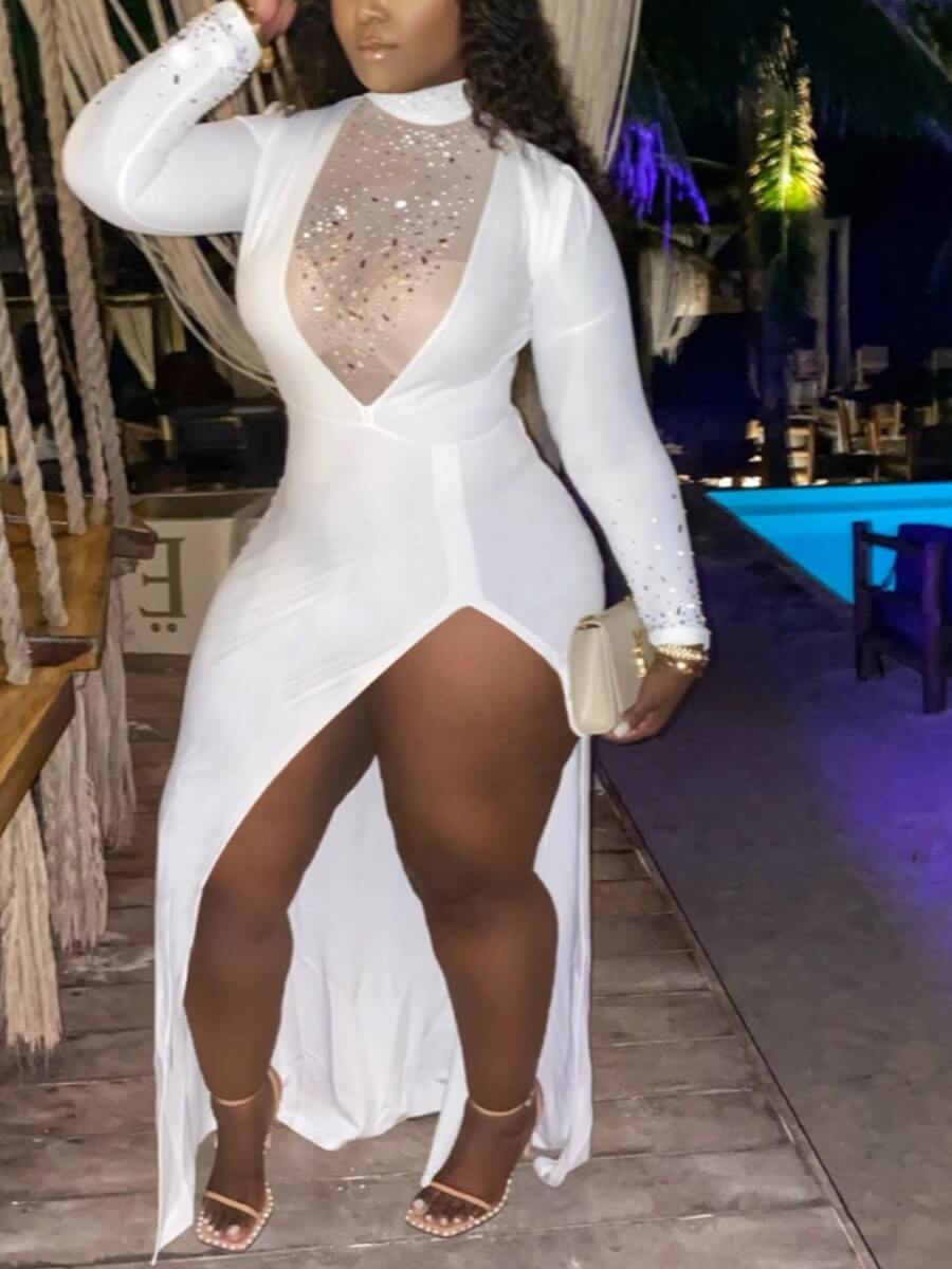 

Lovely Sexy Mesh Patchwork Side High Slit White Maxi Dress
