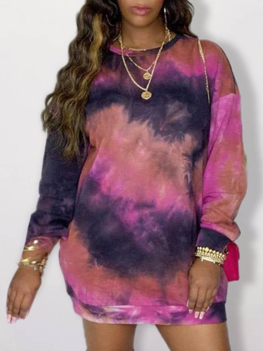 

Lovely Casual O Neck Tie-dye Purple Mini Dress