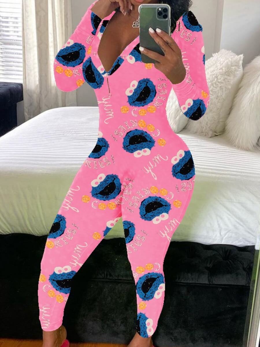 

Lovely Home Style V Neck Lip Print Pink Sleepwear